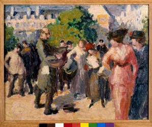 Katunäkymä. Kerjäläinen, jolla on käyrätorvi, soittaa puutarhassa Pariisissa. Maximilien Lucen (1858-1941) maalaus. Öljy kankaalle. Yksityiskokoelma