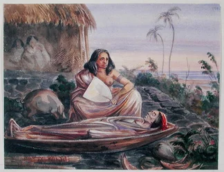Hautajaiset Tahitissa, n. 1841-48 (akvarelli paperille)