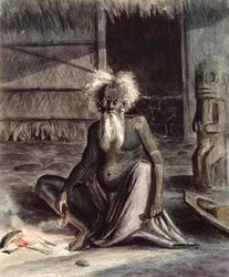 Tahitin vanha mies istuu Tikin lähellä, n. 1841-48 (kynä, muste ja wc paperilla)