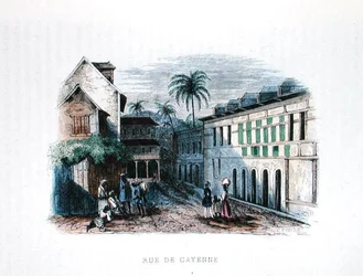 Rue de Cayenne, Ranskan Guyana, kuvitus julkaisusta "Les Francais par Eux-memes", toim. L. Curmer