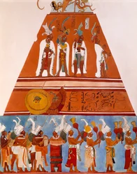 Bonampakin freskot, Chiapas (Meksiko). Yksityiskohta, jossa näkyy kulkuekohtaus. Maya-sivilisaatio, 800-luku.