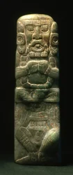 Hieroglyfiportaiden alas vievään vihkimykseen sijoitettu pienoispatsas, Copan, myöhäisklassinen kausi (600-900) (jade).