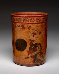 Sylinterimäinen astia, jossa pallopelikohtaus, myöhäisklassikko, n. 682-701 (keraaminen)