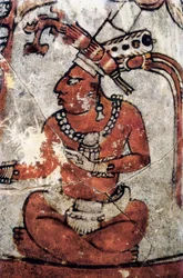 Maya soturi. Monivärinen keramiikka, maya-taide, 7. Tikalin arkeologian ja etnologian kansallinen museo (Guatemala).