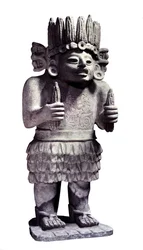 Esikolumbiaaninen sivilisaatio: maissinjumalaa esittävä maya-patsas. Pariisi, Musée de l
