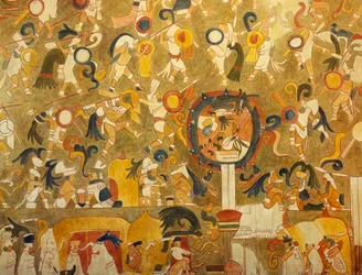 Ennallistettu maya-maalaus Chichén Itzásta (Yucatán, Meksiko), joka esittää taistelukohtausta. Mayasivilisaatio.