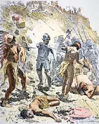 Pueblo-intiaanien kapina vuonna 1680 (värillinen kaiverrus)