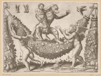 Putti pilkkaa apinaa Paavin kuvakudokset (sarjan nimi) Tapezzerie de Papa (sarjan nimi esineessä)