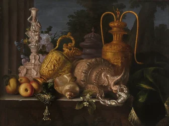 Asetelma, kuoret ja kultaseppä. Meiffren Conten (1630-1705) maalaus. Öljy kankaalle. Mitat: 91 x 121 cm. Pakollinen maininta: Collection fondation regards de Provence, Marseille