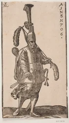 Soldat dempeus, girat cap al costat dret de la imatge; tocat amb plomall vertical molt alt; a la mà esquerra, un llaç amb grans plomes als dos extrems; a la mà dreta, una fletxa; a l