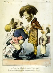 Sarjakuva Giuseppe Verdistä ja Napoleon III:sta Don Carlos -oopperan jälkeen Pariisissa vuonna 1867. Melchiorre Delficon karikatyyri. Privee Milan Collection