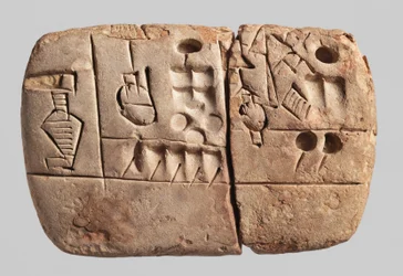 Varhainen kuvakirjoitusta sisältävä nuolenpääkirjoitustaulu, Mesopotamia, Uruk, noin 3100-2900 eaa.