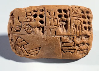 Mesopotamia: polttamattomasta savesta valmistettu taulu, jossa on nuolenpääkirjoitusta. Sumerin alue. 3300 eaa. Pariisi, Musée du Louvre