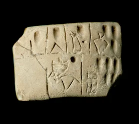 Mesopotamia: savitaulu, jossa on nuolenpääkirjoituksella laadittuja tilejä. Eannan temppelistä, joka oli omistettu Inanna-jumalattarelle (sumerilaisten Ištarin vastineelle), Urukissa. 3200 eaa. Mitat: 6,4 x 4,7 cm. Irakin kansallismuseo, Bagdad