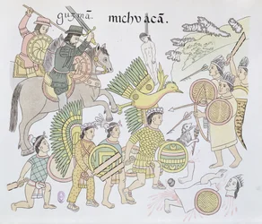 Michoacánin taistelu espanjalaisten ja asteekkien välillä, kuvitus noin vuodelta 1550 olevan meksikolais-intialaisen kuvahistorian Lienzo de Tlaxcalan näköispainoksesta, 1892