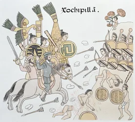 Xochipillan taistelu espanjalaisten ja asteekkien välillä, kuvitus noin vuodelta 1550 peräisin olevan meksikolaisen intiaanien kuvahistoriikin Lienzo de Tlaxcalan näköispainoksesta, 1892