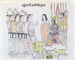 La Malinche (Doña Marina) tulkkina, kun Montezuma (1466-1520) luovuttaa naisia ja kultaa Hernando Cortésille (1485-1547), kuvituskuva meksikolaisen intiaanikuvan näköispainoksesta