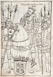 MS Hunter 242 f.249v Philip II istuu hevosen selässä, yllään Golden Fleece, asemiesten ympäröimänä, Diego Munoz Camargon kuvitus Historia de Tlaxcalasta (kynä ja muste