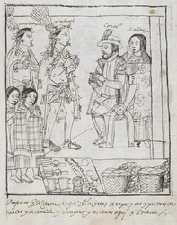 Montezuma tapaa Cortez Ms Hunterin 242 f.255r Meksikon valloitus, Diego Munoz Camargon Historia de Tlaxcalasta