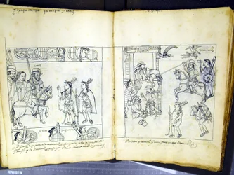 Ms Hunter 242 f.257v ja f.258r, Diego Munoz Camargon "Historia de Tlaxcala" (kynä ja muste paperille)