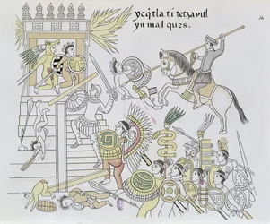 Hernán Cortés polttaa jumalankuvat, kuvitus noin vuodelta 1550 olevan meksikolais-intiaanien kuvahistoriikin "Lienzo de Tlaxcala" näköispainoksesta, 1892