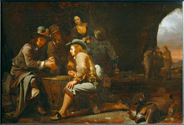 Sotilaat leikkivät vartiomajaksi muutetussa luolassa. 1649 ...