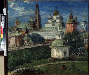Pyhän Sergiuksen kolminaisuuslavra (Trinite-Saint-Serge), Sergiev Posad (Venäjä) (Sergiuksen kolminaisuuslavra Sergiyev Posadissa). Michail Vasilievich Boskinin (1875-1930) maalaus. Öljy kankaalle, 75 x 82 cm, noin 1910, venäläistä taidetta. State Open Air
