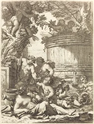 Putti viinirypäleillä ja istuva Bacchante