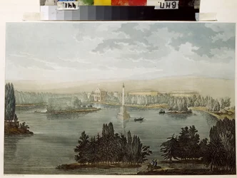 Näkymä Tsarskoje Selolle. Chesme-kolumni. (Näkymä Tsarskoje Selosta. Chesme-pylväs). Michel Francois Damam Damartraitin (1763-1827) teos, akvarellivärinen kaiverrus