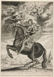 Ludvig XIII:n (Bourbon) (1601-1603) ratsastajamuotokuva 33-vuotiaana. Maisema on Callot