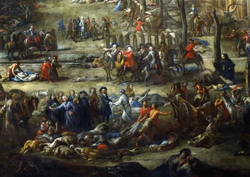 Näkymä Cours Belsuncesta, Marseillesta, vuoden 1720 ruton aikana, yksityiskohta, joka kuvaa Belsuncen kardinaalia ruton uhrien ruumiiden kanssa