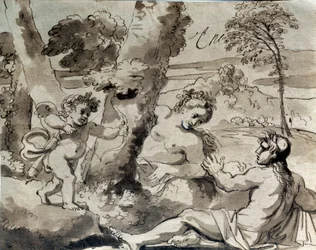 Rakkaus, paimen ja nymfi. Piirustus Michel Corneille (1642-1708)
