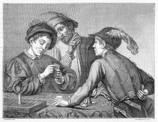 Huijarit. 1800-luvun kaiverrus, joka kuvaa Caravaggion (il Caravaggio) työtä noin 1596.