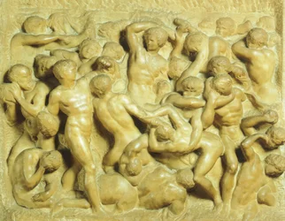 Michelangelon (1475-1564) Lapithien taistelu kentaureja vastaan, marmori, 80 5x88 cm