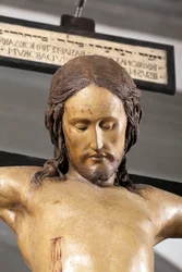 Pyhän Hengen krusifiksi, noin 1493, yksityiskohta, monivärisestä puusta tehty veistos, Firenzen Basilica di Santo Spiriton sakaristo - Krusifiksi. Renessanssiveistos