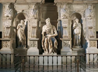 Italia, Rooma, Pyhän Pietarin, Raakelin, Mooseksen ja Lean basilika, yksityiskohta Julius II:n haudasta, noin vuodelta 1515, kirjoittanut Michelangelo (1475-1564)