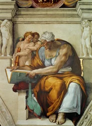 Profeetat ja sibylit: Cumaean Sibyl Sikstuksen kappelin katto Vatikaanissa, 1508-1512.