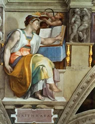 Profeetat ja Sibylit: Erythraean Sibyl Sikstuksen kappelin katto Vatikaanissa, 1508-1512.