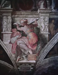 Sikstuksen kappelin katto: Libyan Sibyl, n. 1508-1010 (ennen restaurointia)