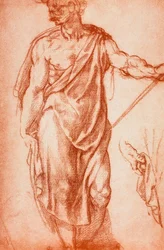 Tutkielma laskostettuun kankaaseen verhotusta mieshahmosta; Leonardo da Vincin piirustus. Gabinetto dei Disegni e delle Stampe, Uffizin galleria, Firenze