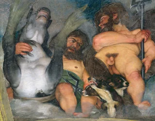 Allegoria elementeistä, maailmankaikkeudesta ja eläinradan merkeistä, yksityiskohta Neptunuksesta ja Tritonista sekä kolmipäisestä koirasta Kerberoksesta, 1597 öljy kipsille, yksityiskohta 107109:stä.
