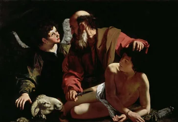 Caravaggio, Michelangelo (1571-1610) Abraham uhraa Iisakin. Öljy kankaalle, n. 1597-1599, Mitat: 116x173. Barbara Piasecka Johnson -kokoelma
