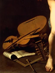 Musiikki-instrumenttien esitys, yksityiskohta Amor Victoriousista, n. 1602 (öljy kankaalle)