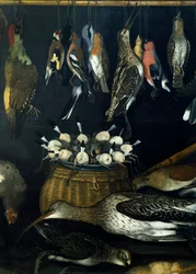 Asetelma lintujen kanssa, Master of the Hartford Still-life (öljy kankaalle) (624934:n yksityiskohta)