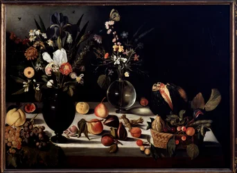 Kukka- ja hedelmäasetelma, attribuoitu Caravaggiolle, jota kutsutaan nimellä Caravaggio