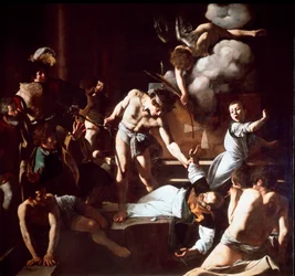 Pyhän Matteuksen marttyyrikuolema. 1600. Mitat: 323 x 343 cm. Contarelli-kappeli, San Luigi dei Francesi (ranskalaisten pyhän Ludvigin kirkko), Rooma