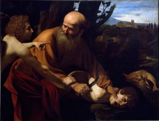 Iisakin uhraaminen. Enkeli pysäyttää Abrahamin käden ennen hänen poikansa Iisakin uhraamista, jonka Herra oli käskenyt. Michelangelo Merisin, lisänimeltään Caravaggio tai il Caravaggio (1571-1610), maalaus, 1594-1596. Mitat: 104 x 135 cm. Firenze