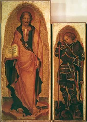 Pyhä Jaakob pyhimysten kanssa, yksityiskohta Pyhästä Jaakobista ja Pyhästä arkkienkeli Mikaelista, n. 1450 (tempera taulussa kulta) (yksityiskohta 256989)