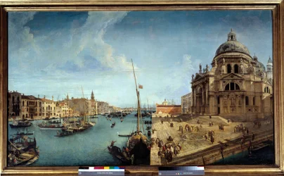 Näkymä Grand Canalin sisäänkäynnille ja Venetsian Salute-kirkolle Michele Marieschin (1710-1741) maalaus 1700-luvun su. 1,25x2,13 m