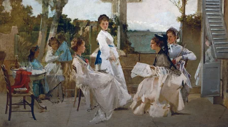 Pergolan alla, maalaus Michele Tedesco (1834-1917), öljy kankaalle, 81x139 cm, Italia